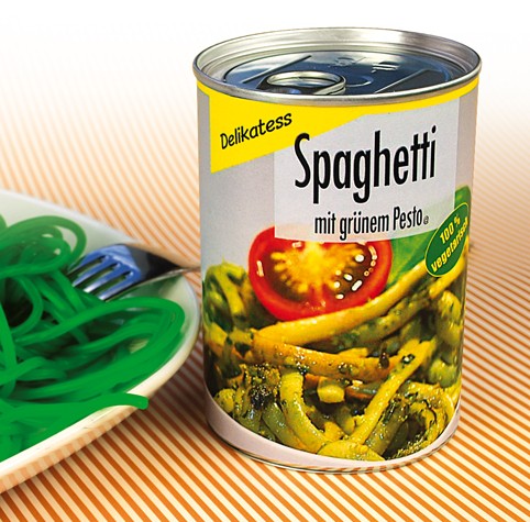 Spaghetti mit grünem Pesto in der Dose,Fruchtgummi 